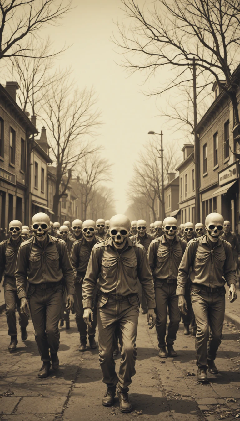 Sepia horde of zombies roaming an empty city street