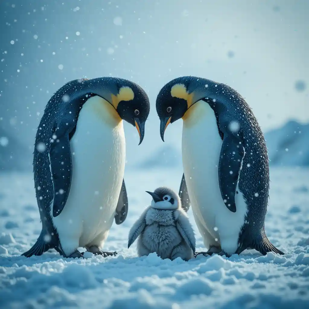 Emperor penguin parents sheltering their chick in a blizzard