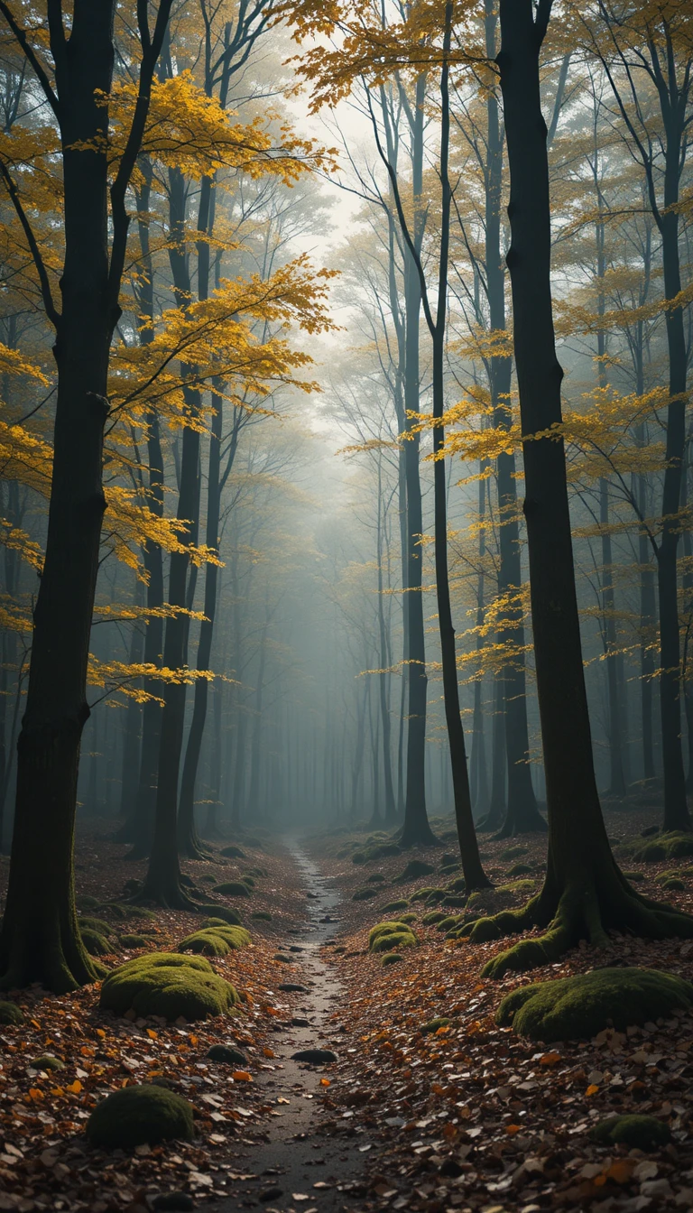 Peaceful autumn forest with mist and soft golden light