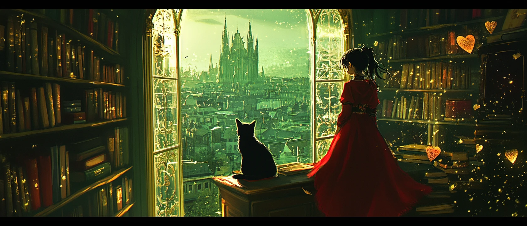 Anime girl with black cat in a golden city view room