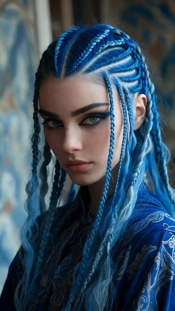 Woman in blue herringbone inspired fashion hair design