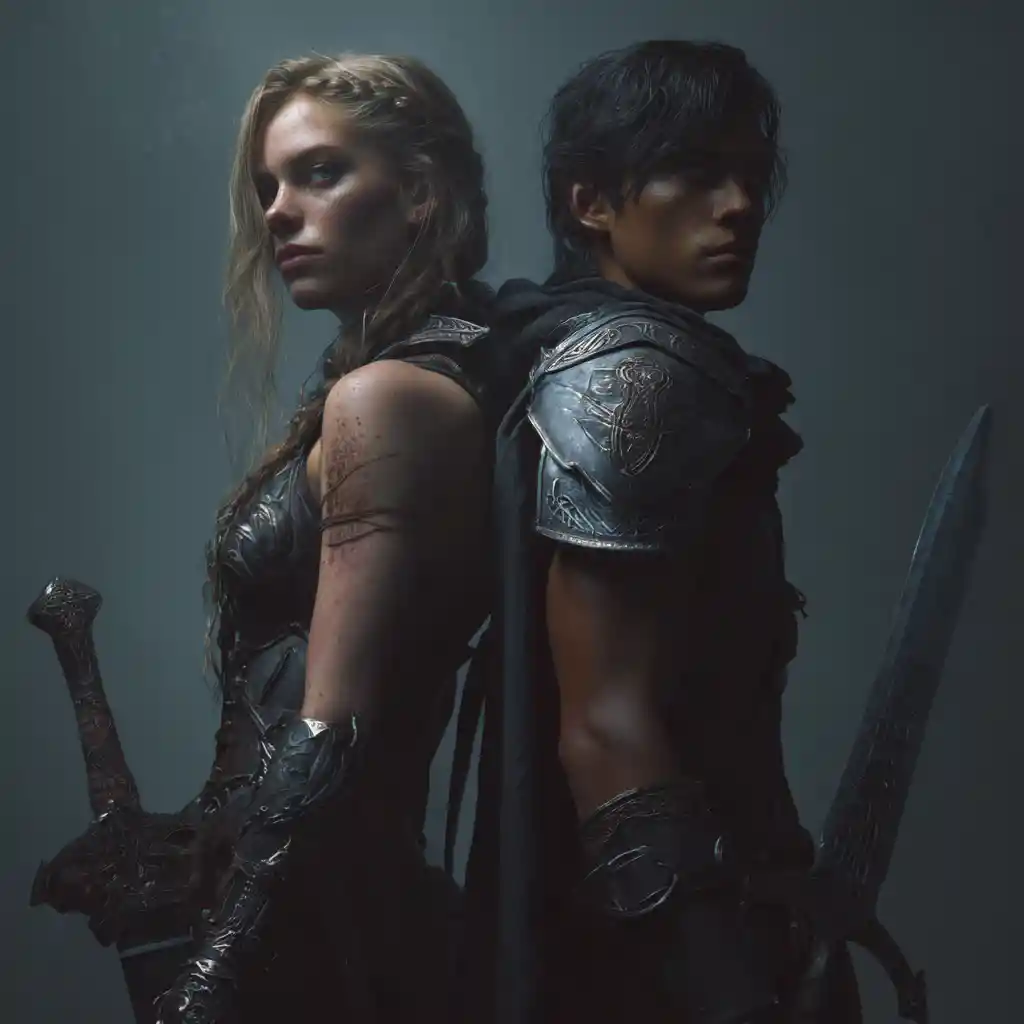 Warrior couple back to back in dark fantasy armor