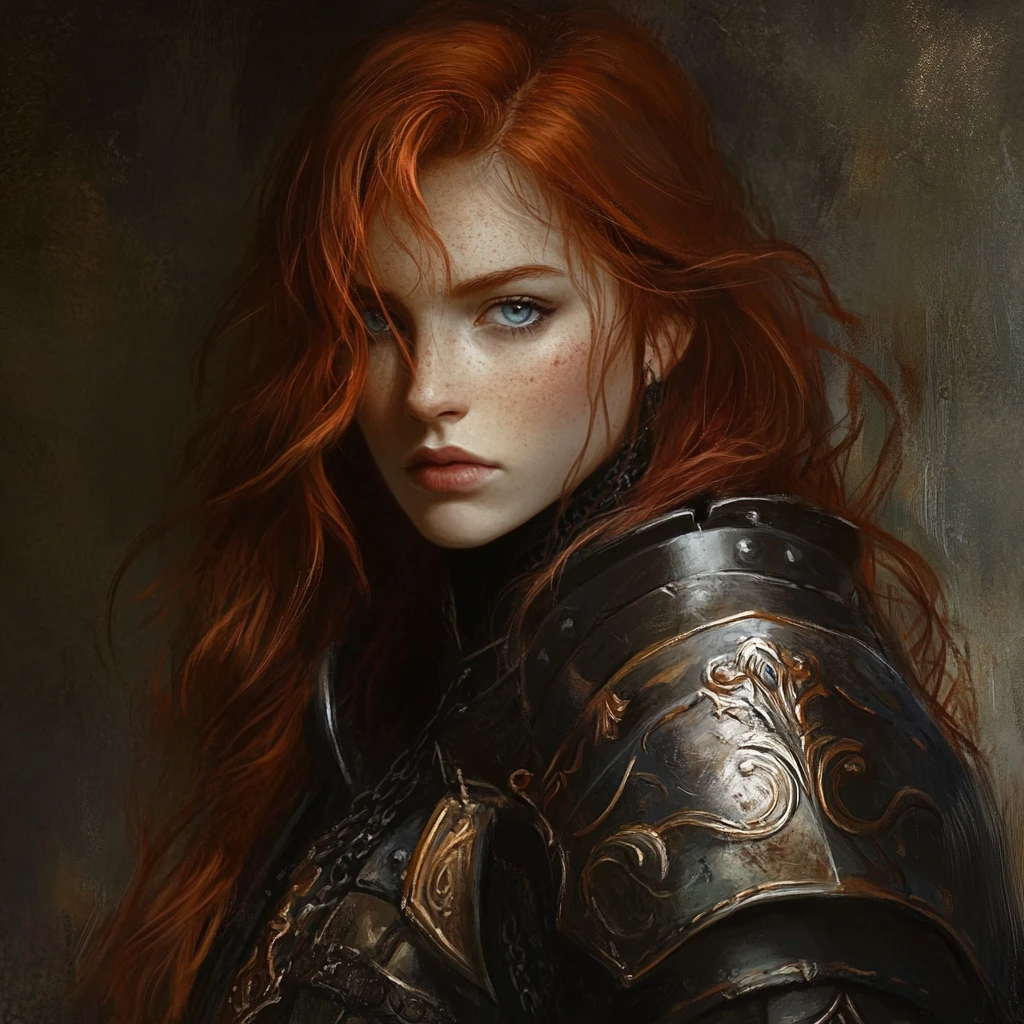 Vengeful red haired paladin in dark armor with claymore