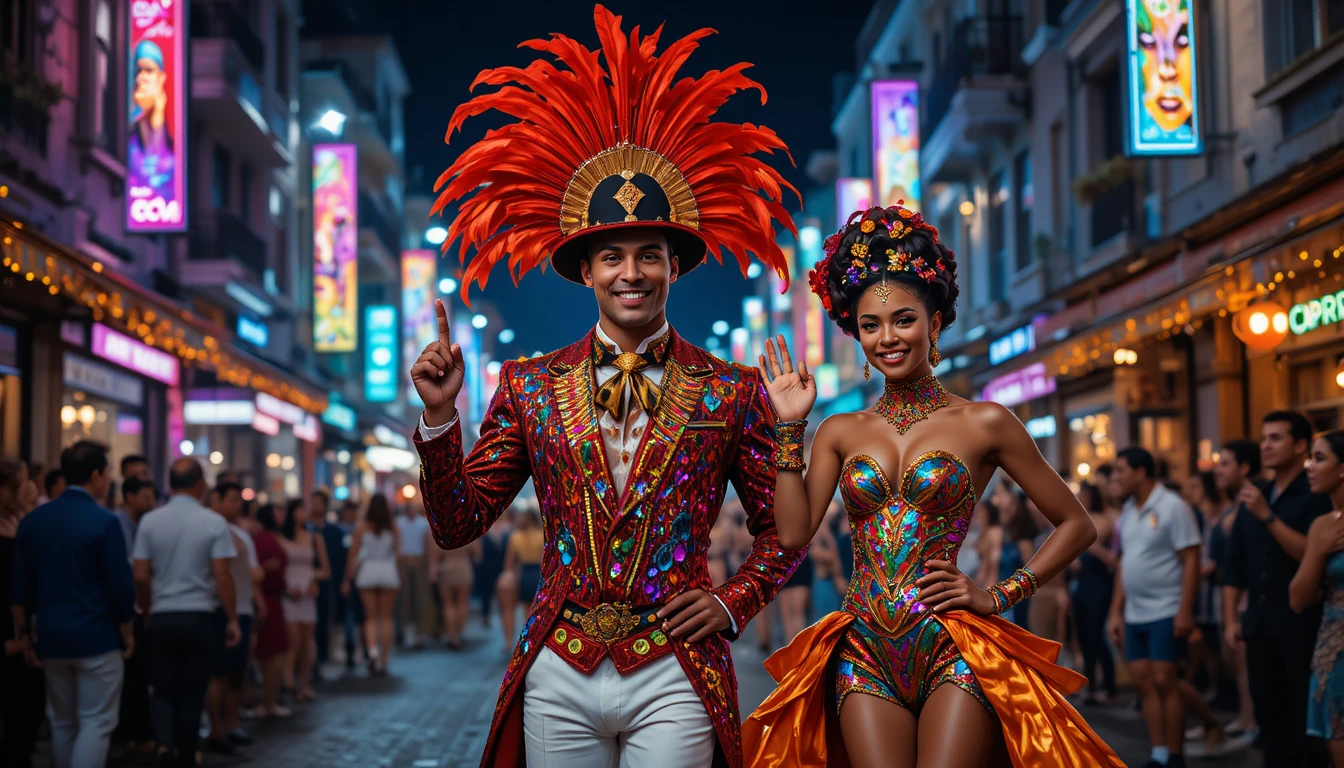 Smiling carnival performer in feathers and sequins at night