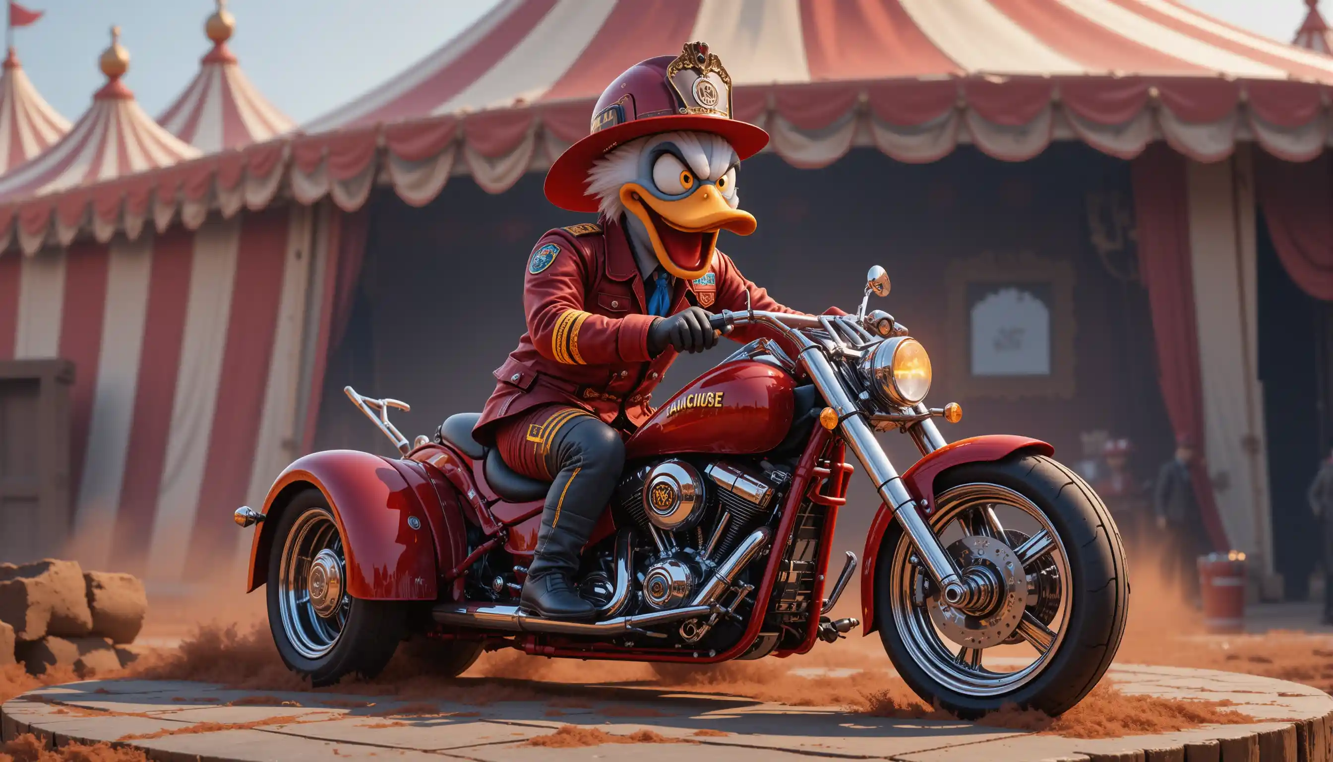 Furious 3D cartoon duck with rifle beside circus trike