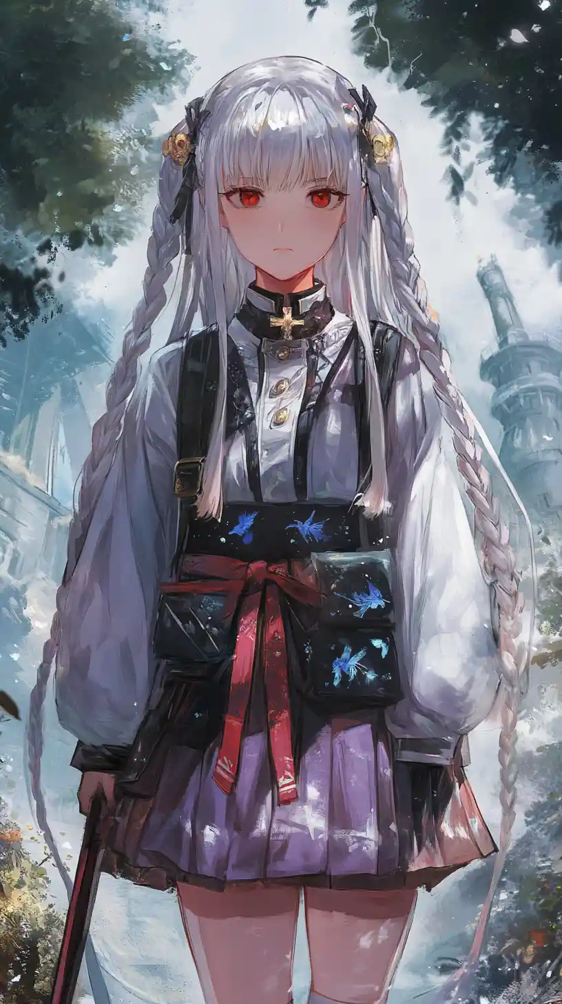 Anime girl with white hair standing in a foggy forest path