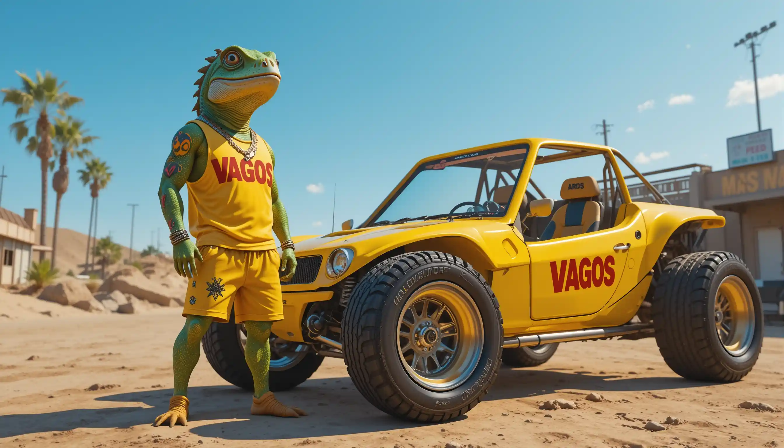 Anthropomorphic iguana rapper beside yellow desert buggy