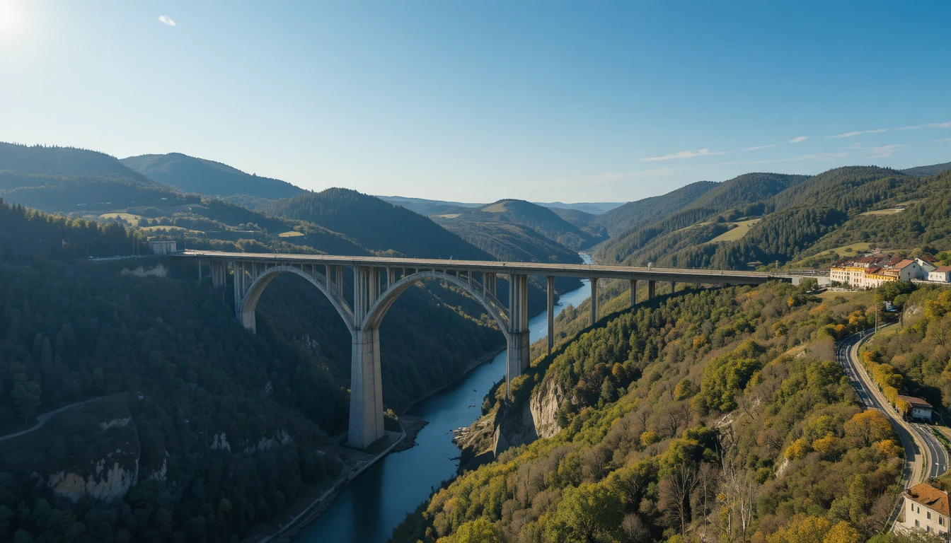 Aerial view of a cable stayed bridge over green valley