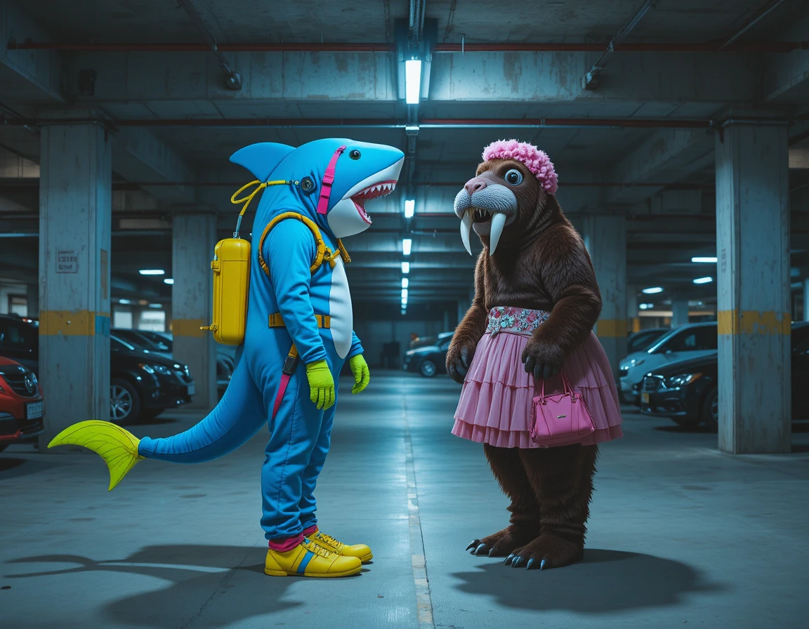 Colorful shark and walrus mascots in a parking garage