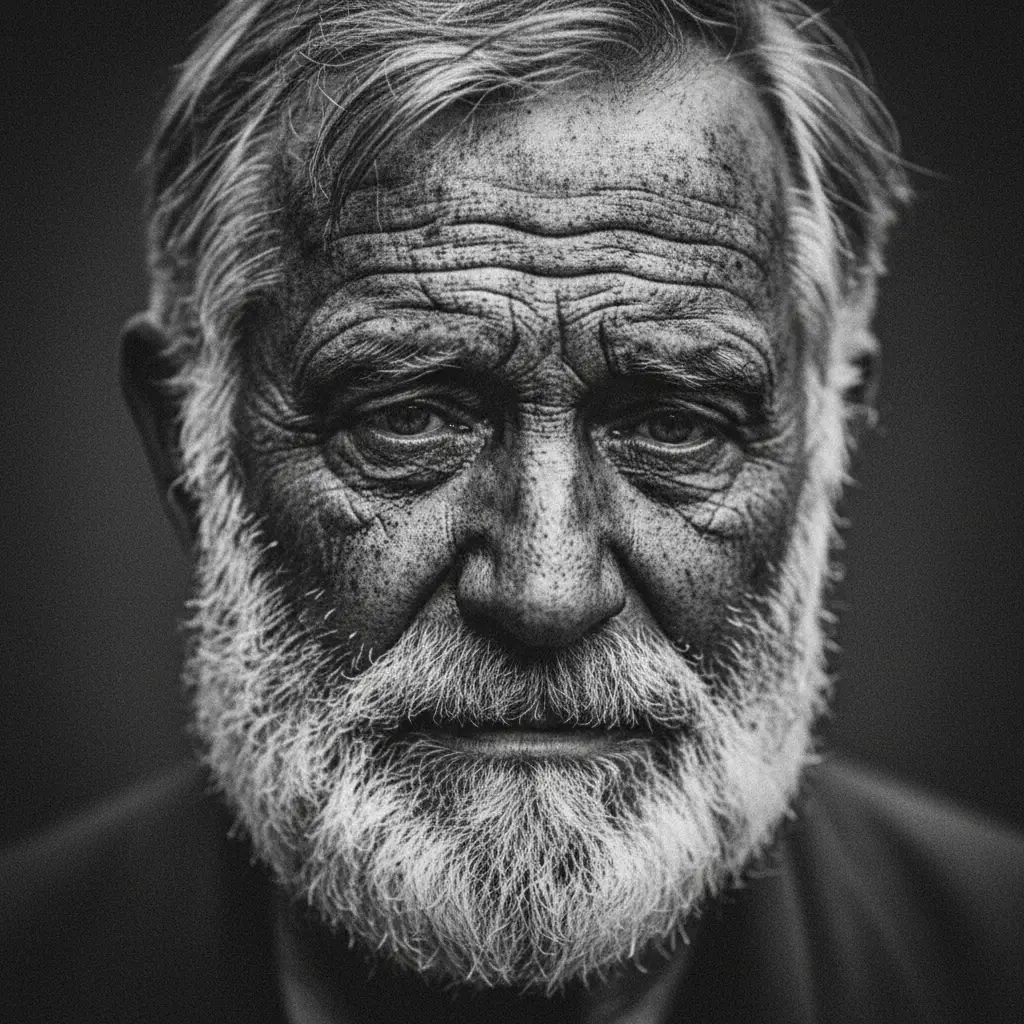 Close black and white portrait of a sad old coal miner