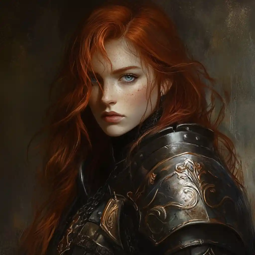 Vengeful red haired paladin in dark armor with claymore
