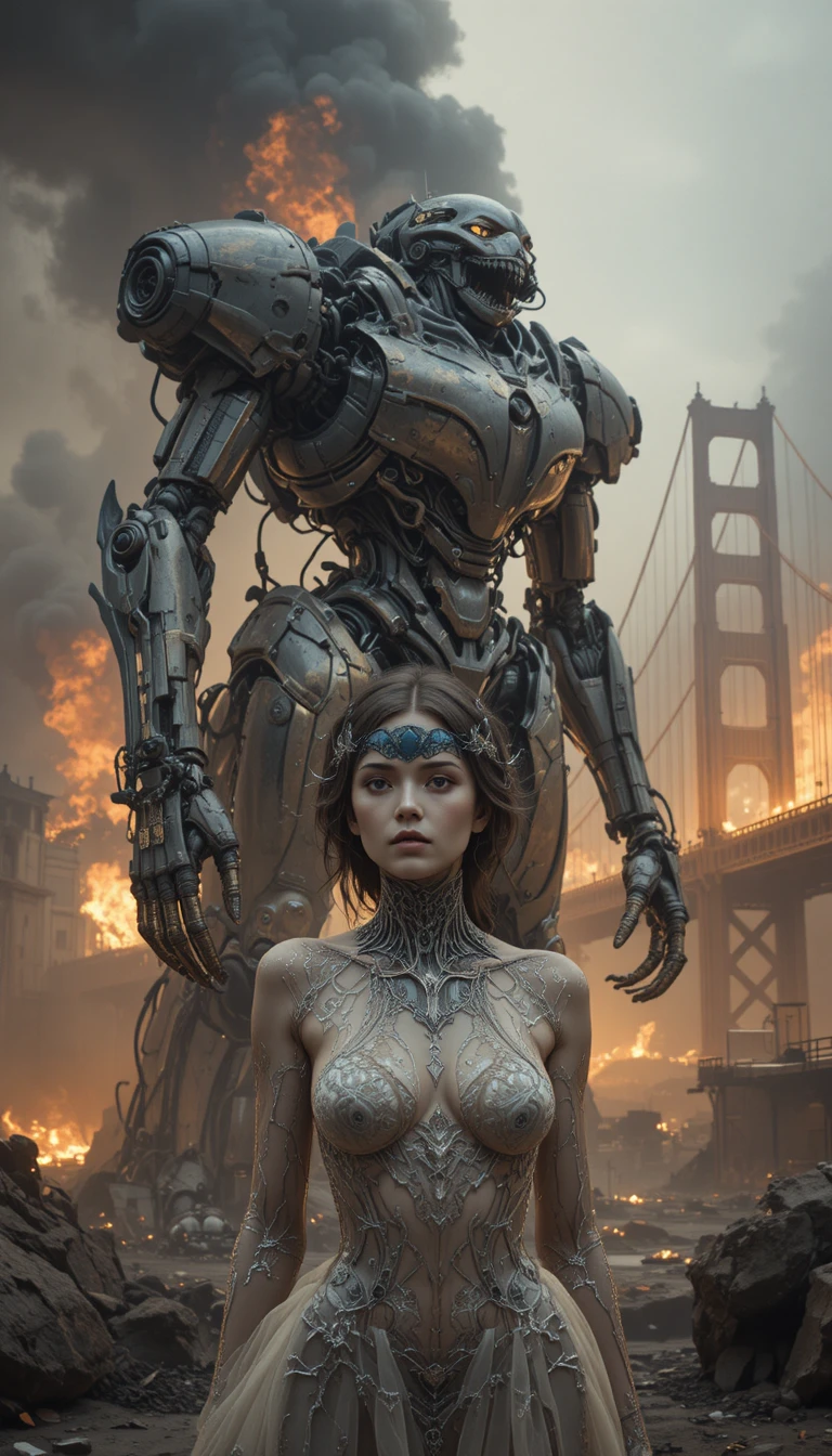 Cyborg woman and giant mecha in burning cityscape