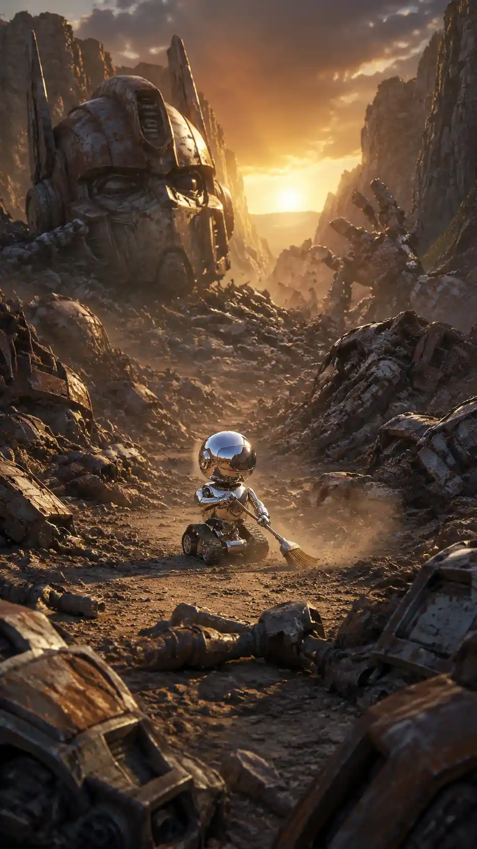 Tiny chrome robot sweeping a vast ruined battlefield