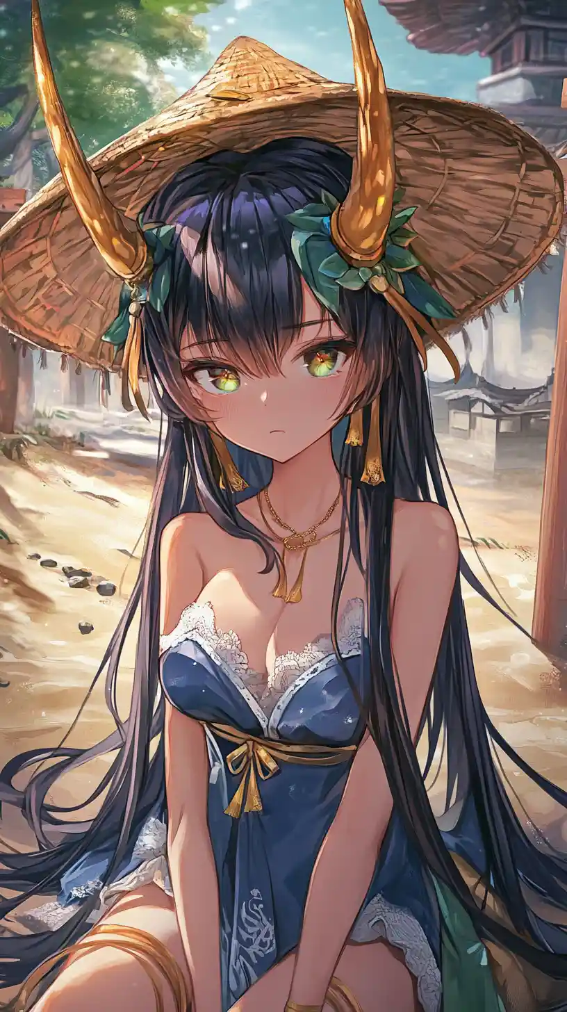 Sad horned girl in a golden dress on a beach