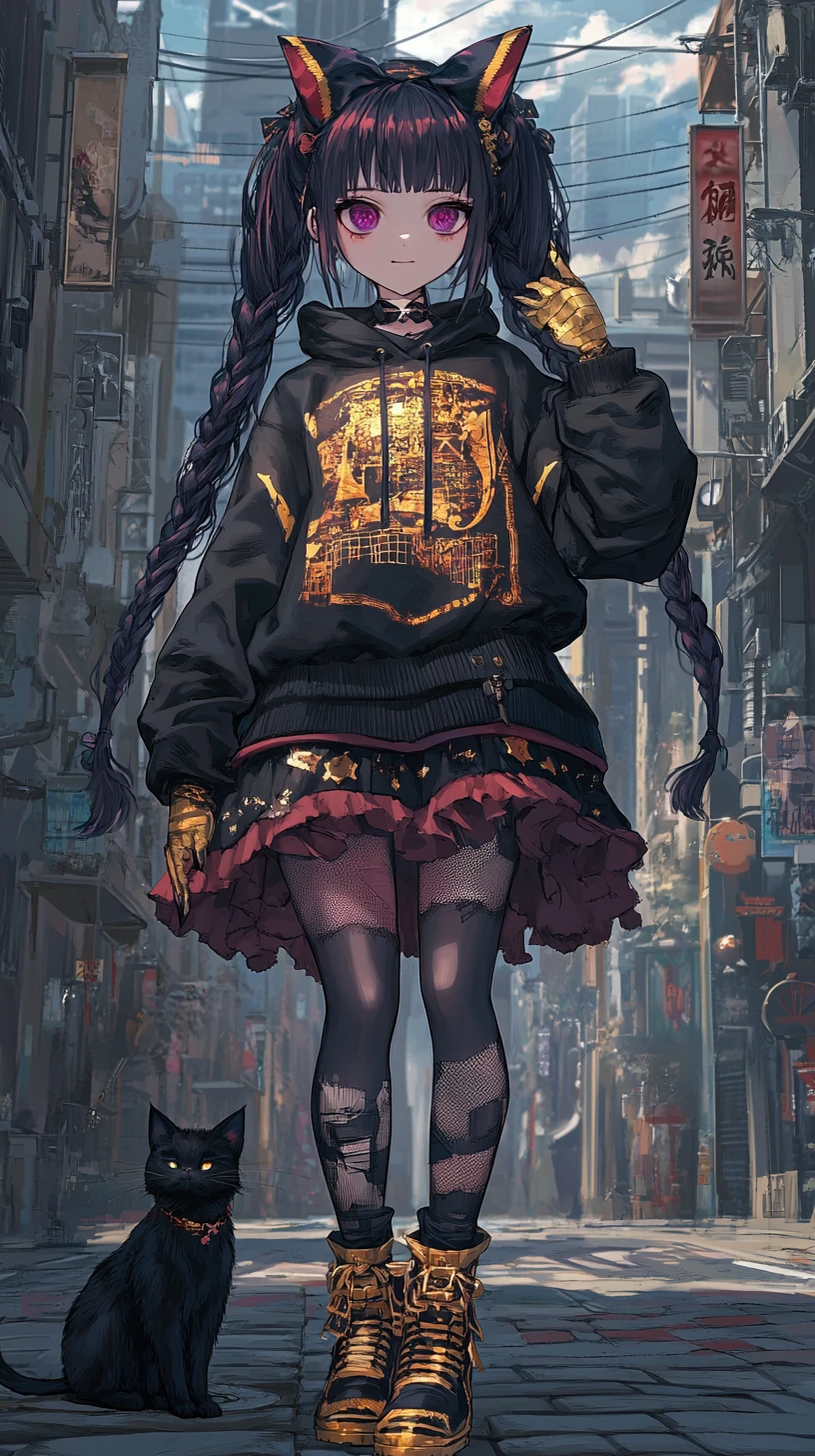 Anime girl in black hoodie before haunted forest tower