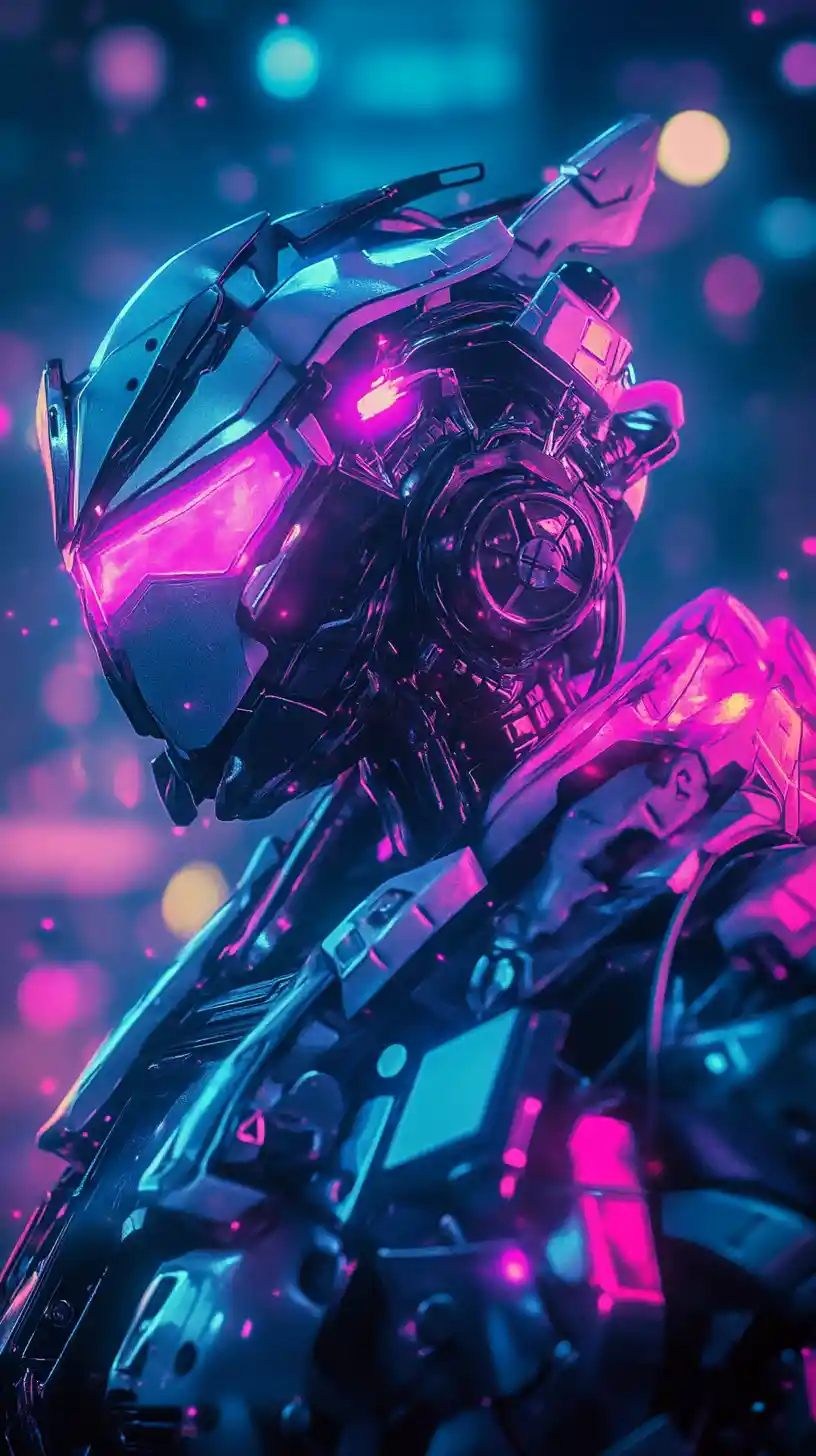 Cybernetic giant woman in a dark neon futuristic world