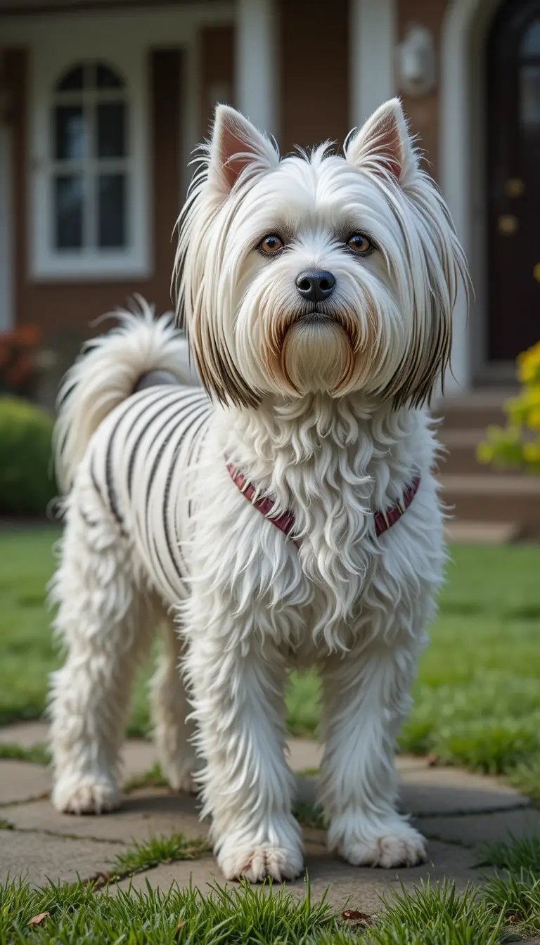 Long haired maltese dog with zebra stripes before a house