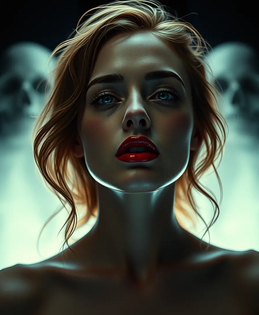 Dark guardian woman amid silent skulls in surreal close up