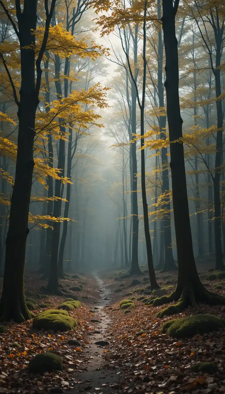 Peaceful autumn forest with mist and soft golden light