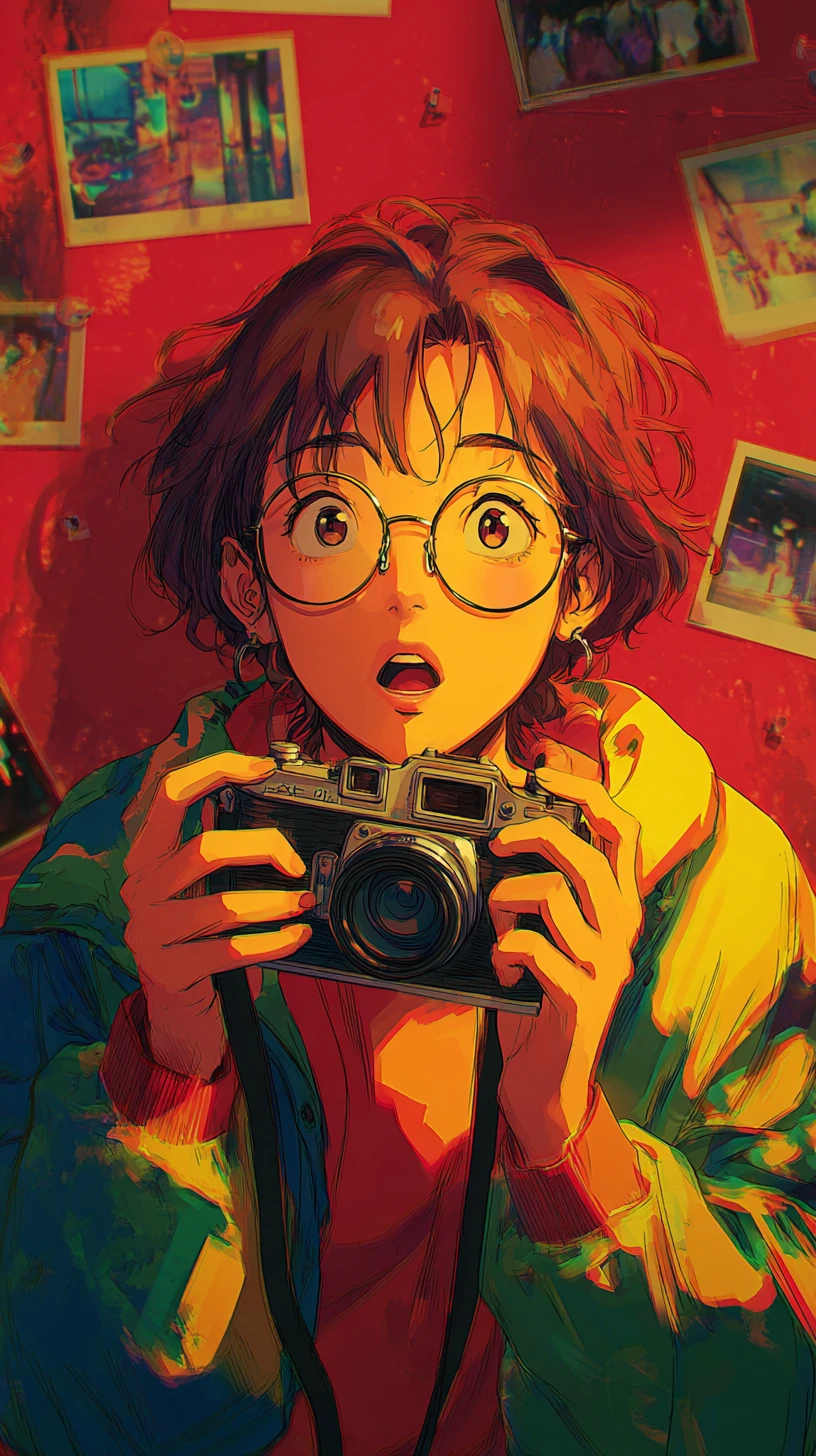 Curious anime boy inspecting a vintage camera up close