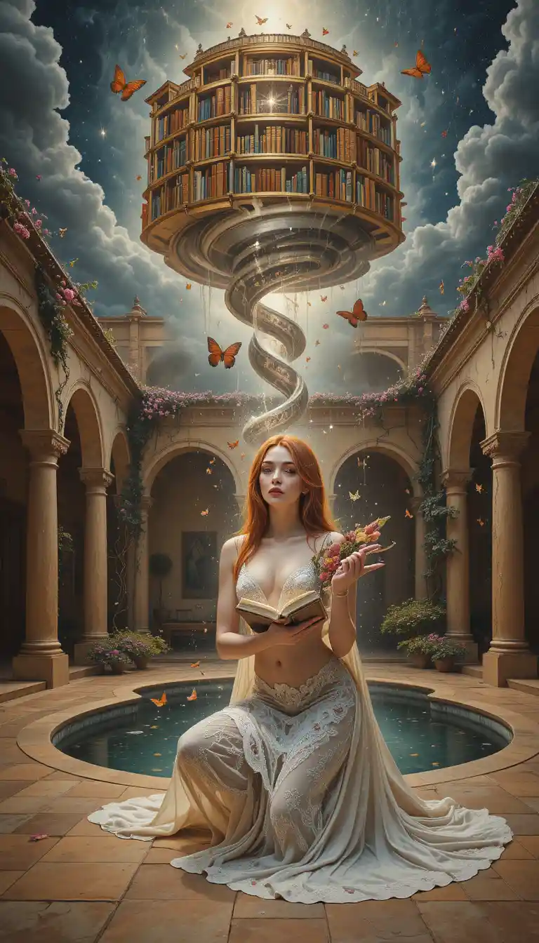 Enchanted Woman In Mediterranean Courtyard And Floating Library