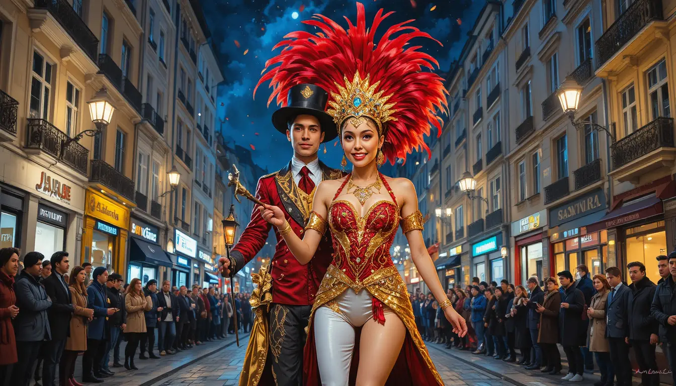 Artista di carnevale in costume sgargiante per le vie della città
