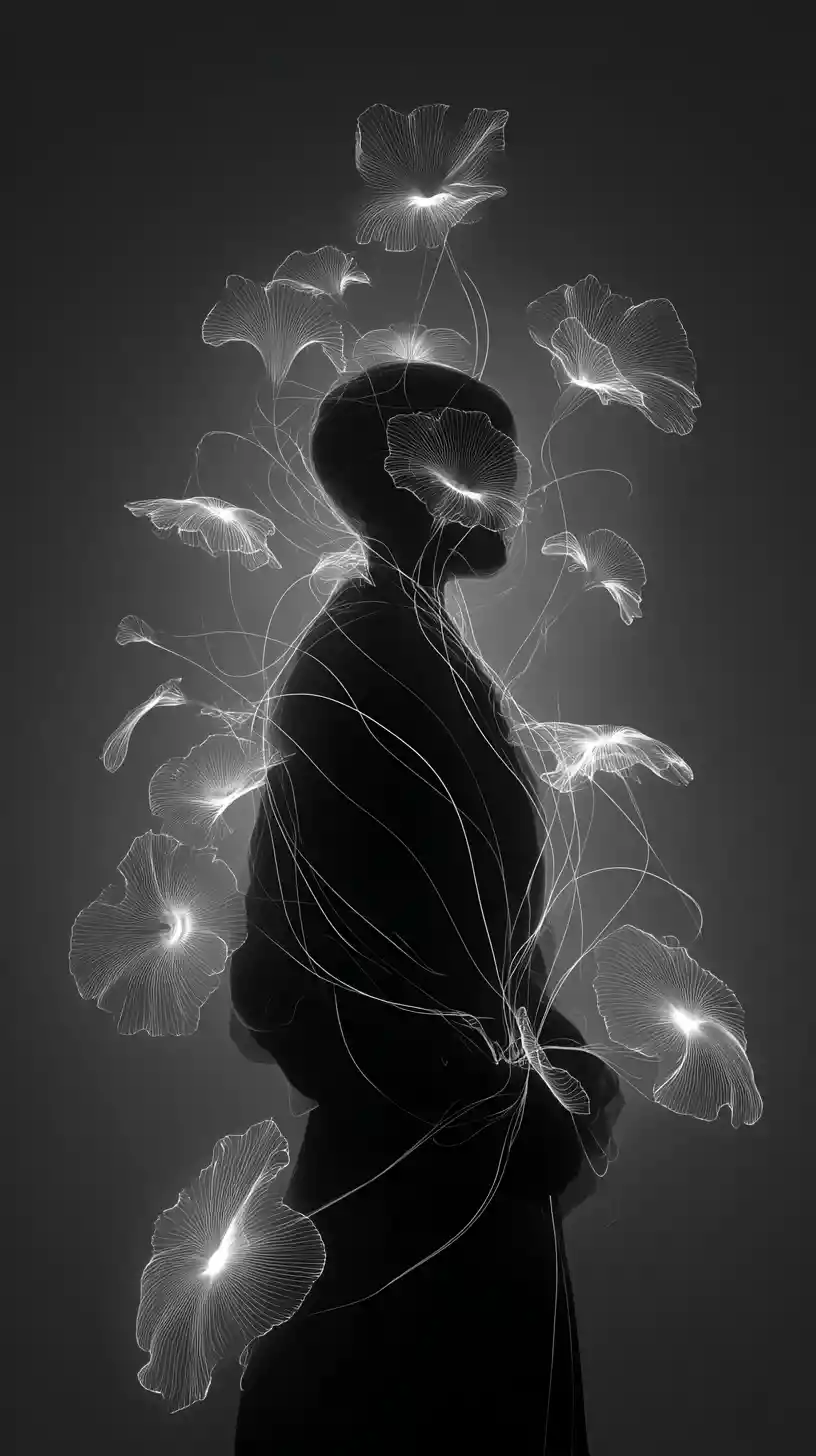 Silhouette Creature Shaped By Glowing Orbiting Flowers