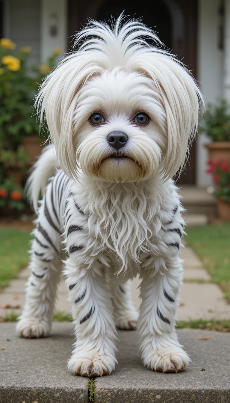 Long haired maltese dog with zebra stripes by a house