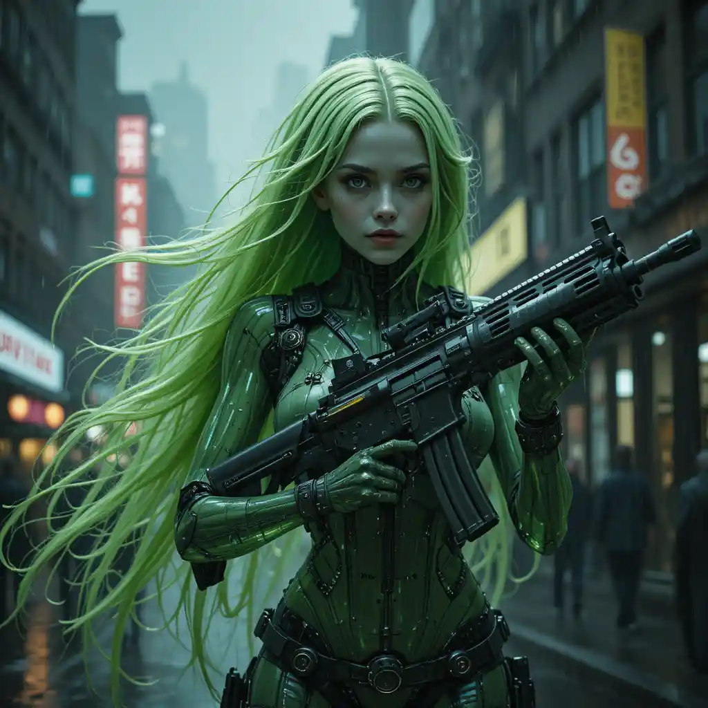Cybernetic woman with rifle in rainy neon city street