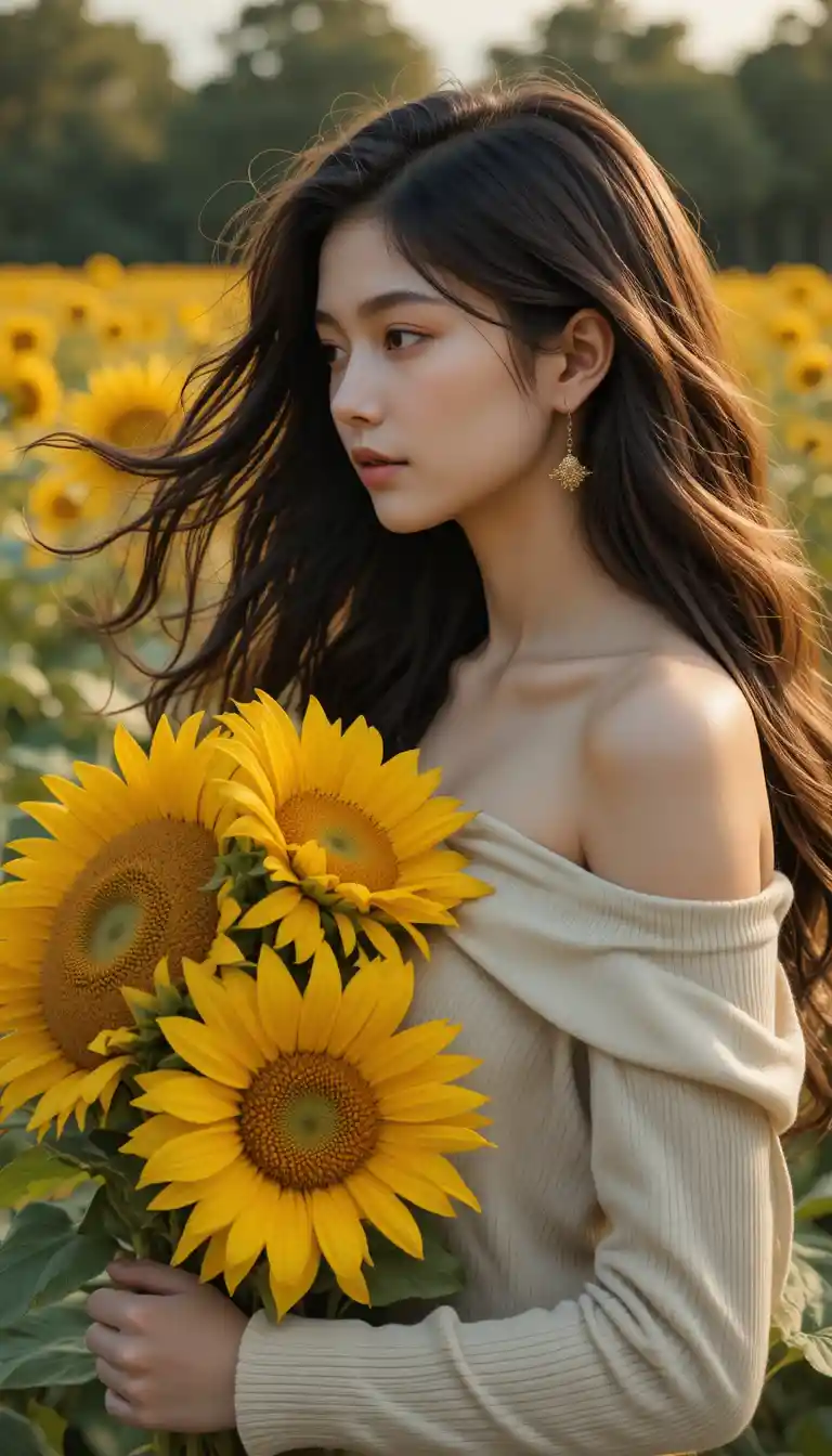 Girl in profile holding sunflowers at golden hour