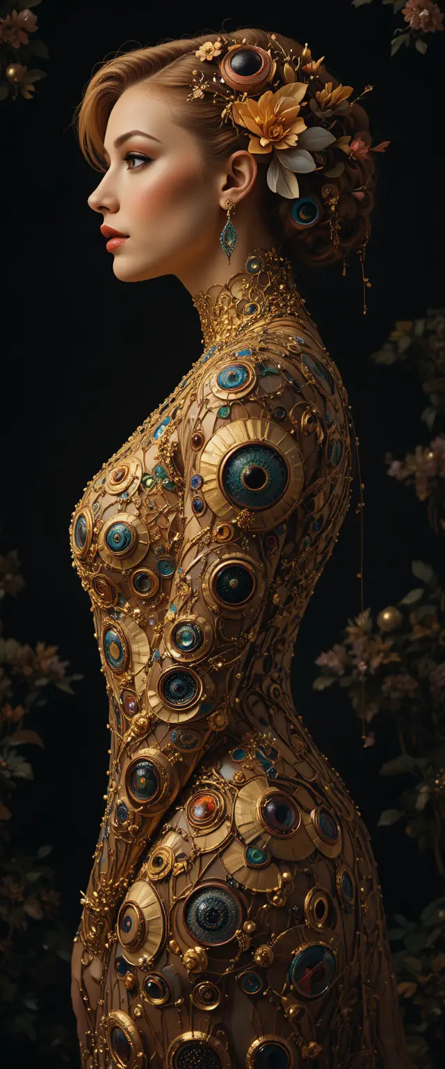 Surreal woman with vibrant eyes woven into flowing golden hair