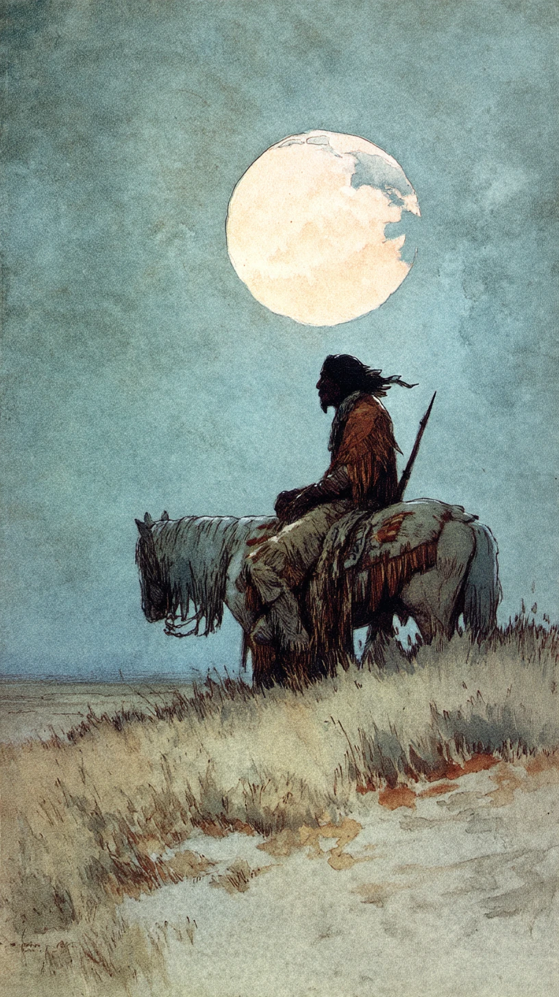 Native warrior on mustang under a silent full moon