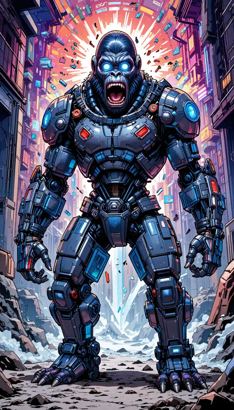 Playful sci fi mech robot with glowing electronic eyes