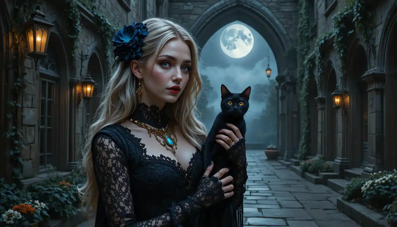 Gothic woman holding a black cat in moonlit courtyard