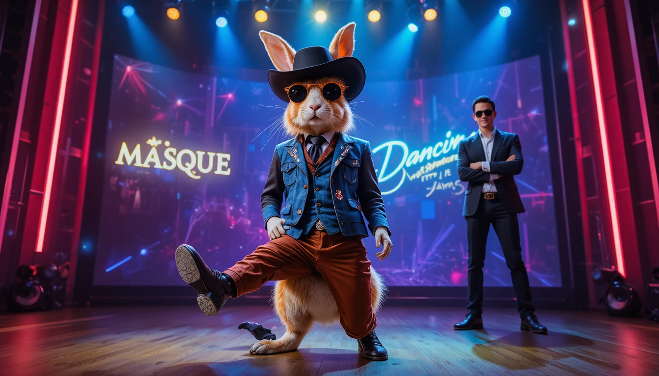 Anthropomorphic cowboy rabbit posing on neon lit stage