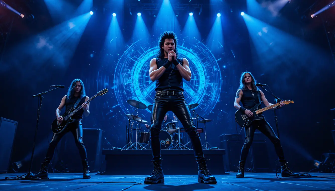 Rock singer leading a band on blue cosmic stage