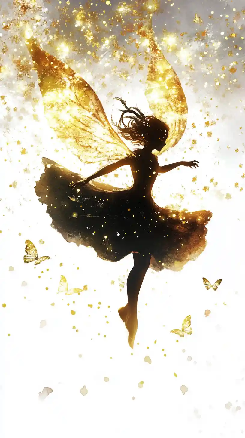 Tiny fairy in mid air with glowing fireflies