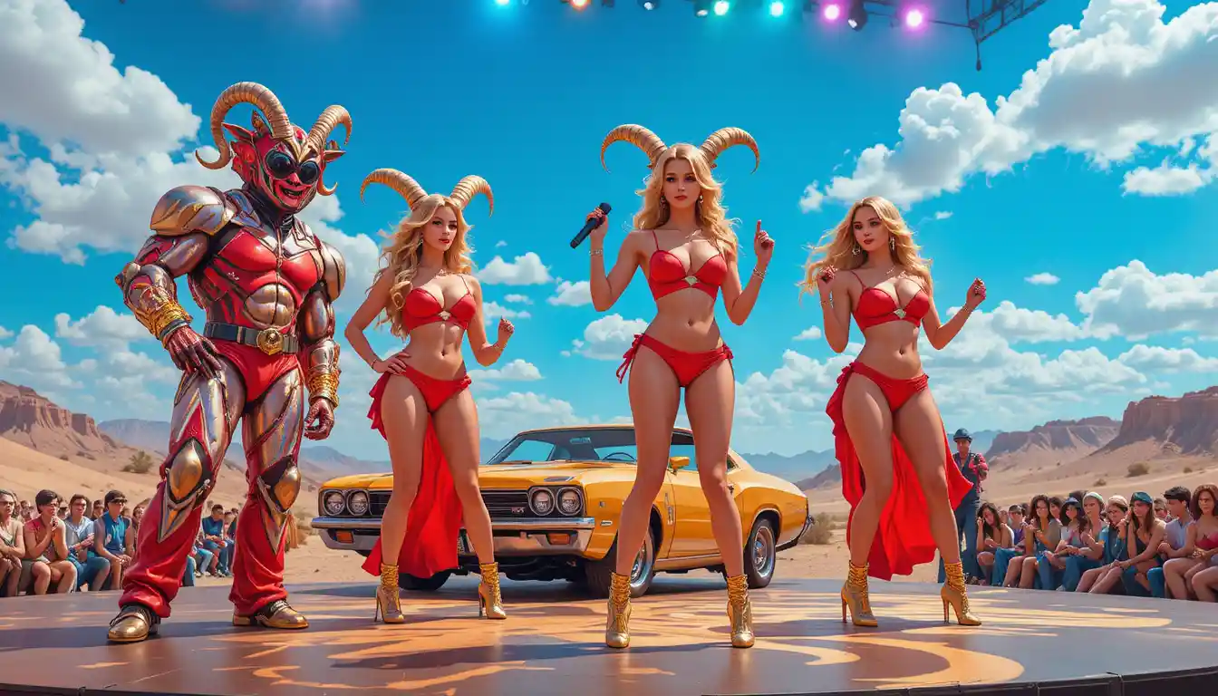 Colorful stage show with performers and golden car