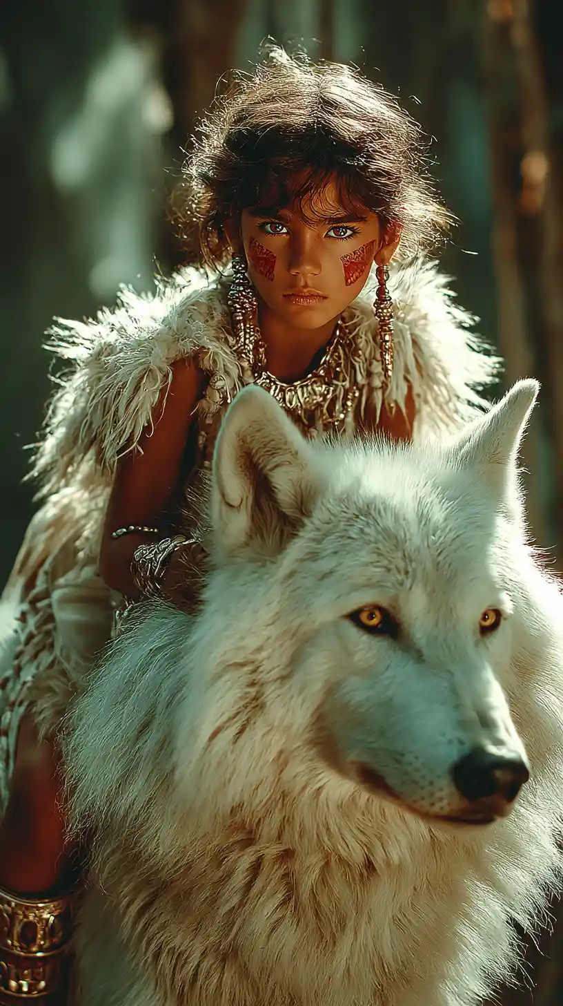 War painted girl riding a giant white wolf in forest