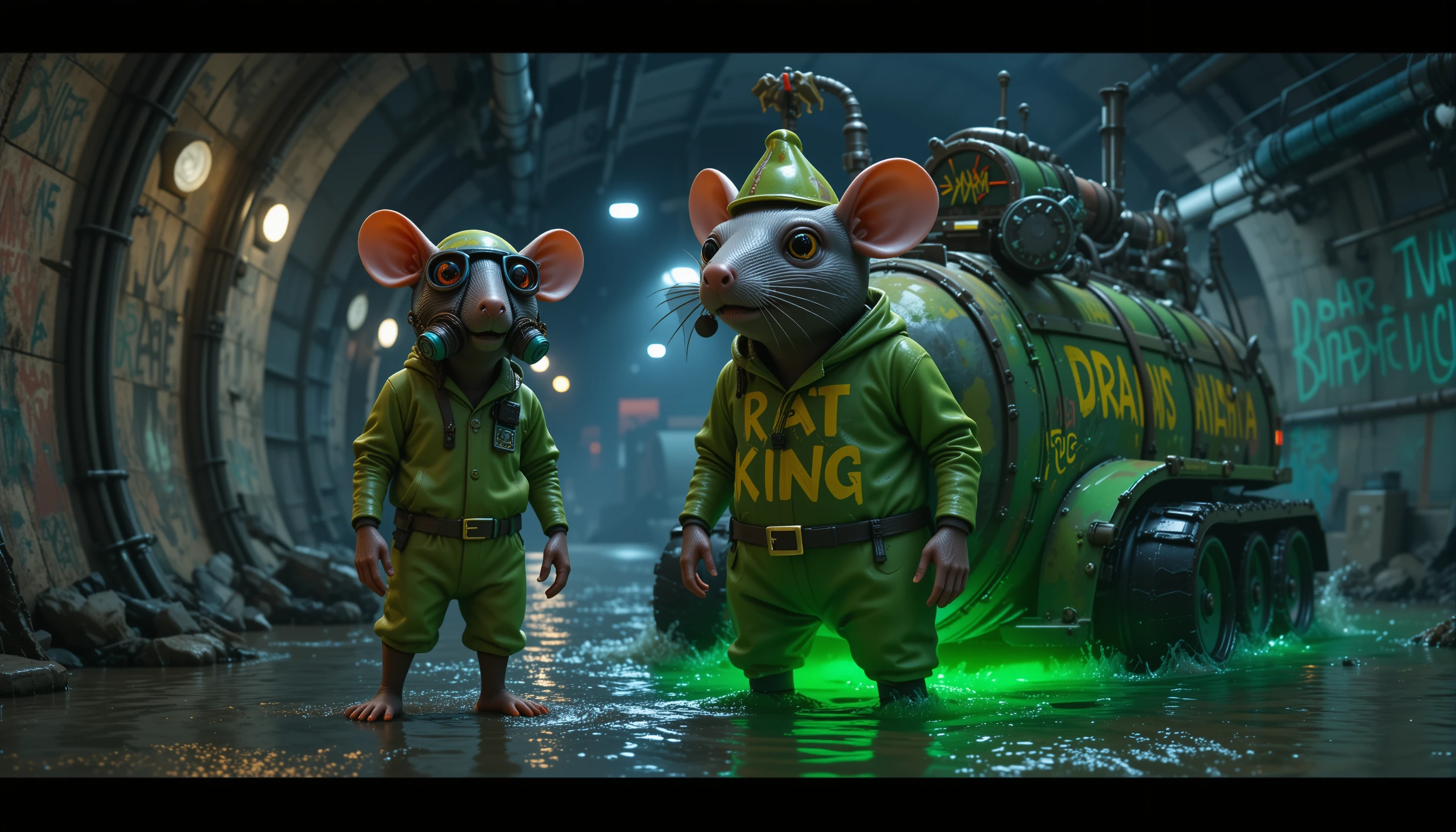Anthropomorpher Ratten-Meister der Kanalisation neben amphibischem grünen Fahrzeug
