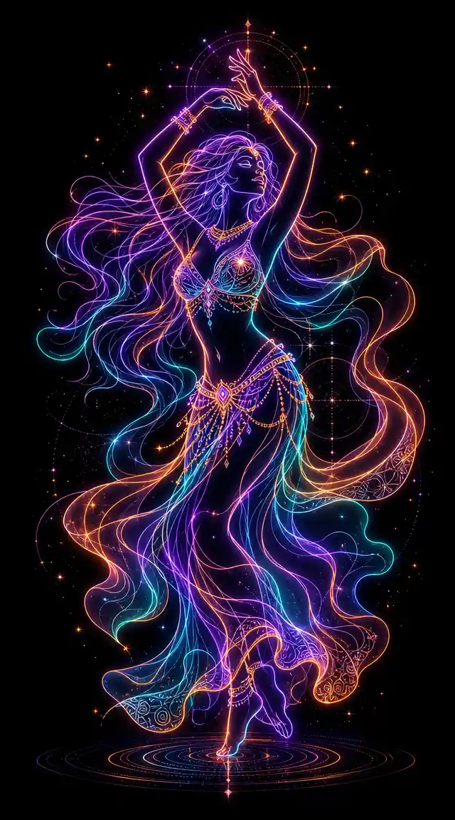 Neon one line silhouette of a graceful belly dance woman
