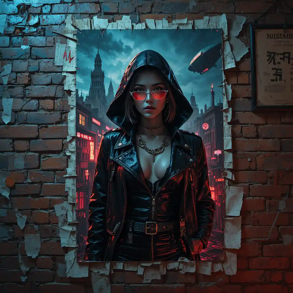 Cyberpunk outlaw queen poster on cracked brick wall