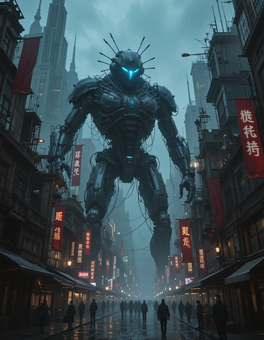 Cybernetic giant towering over a dystopian neon city