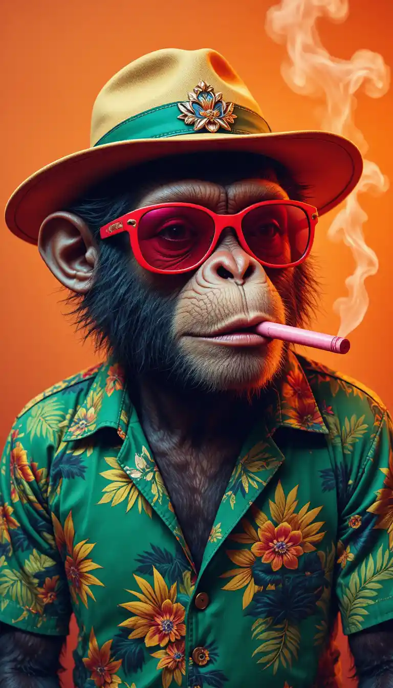 Colorful monkey in tropical outfit with smoky orange backdrop