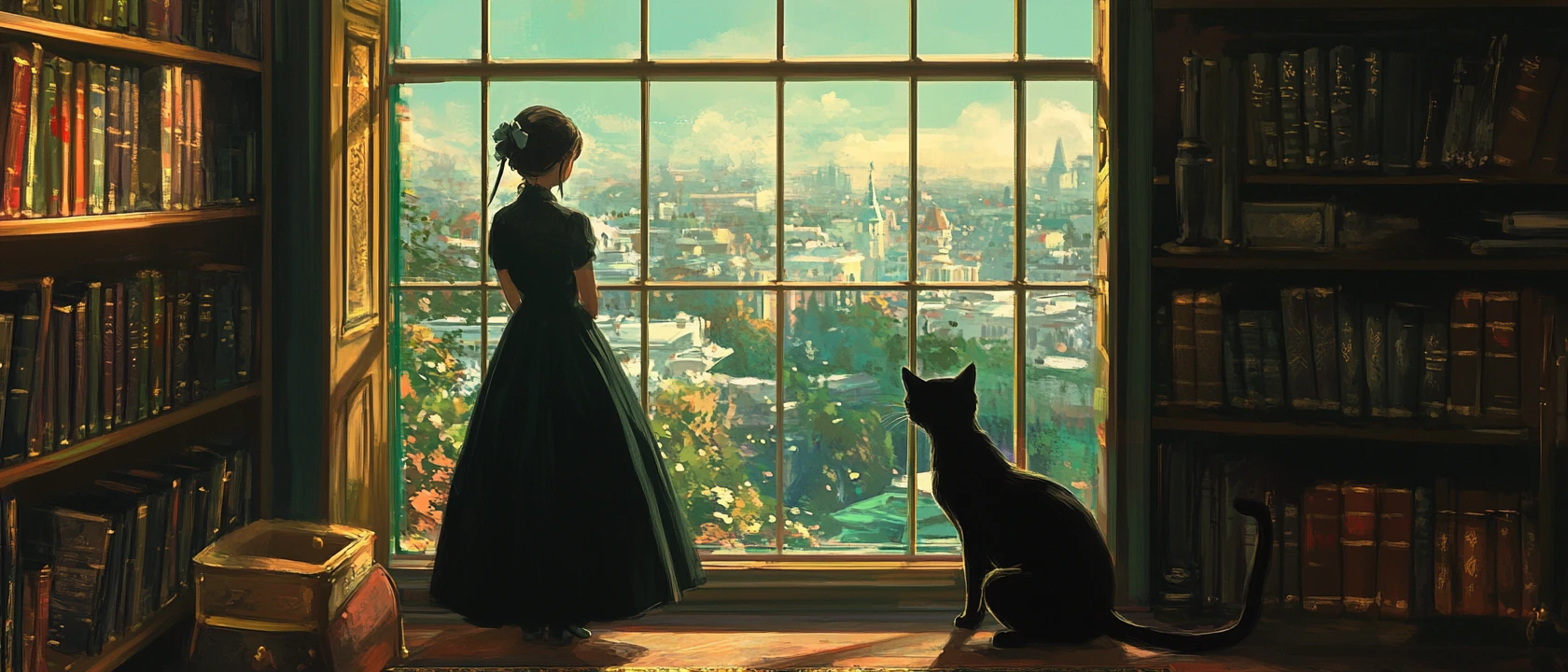 Garota de anime segurando um gato preto em um quarto dourado