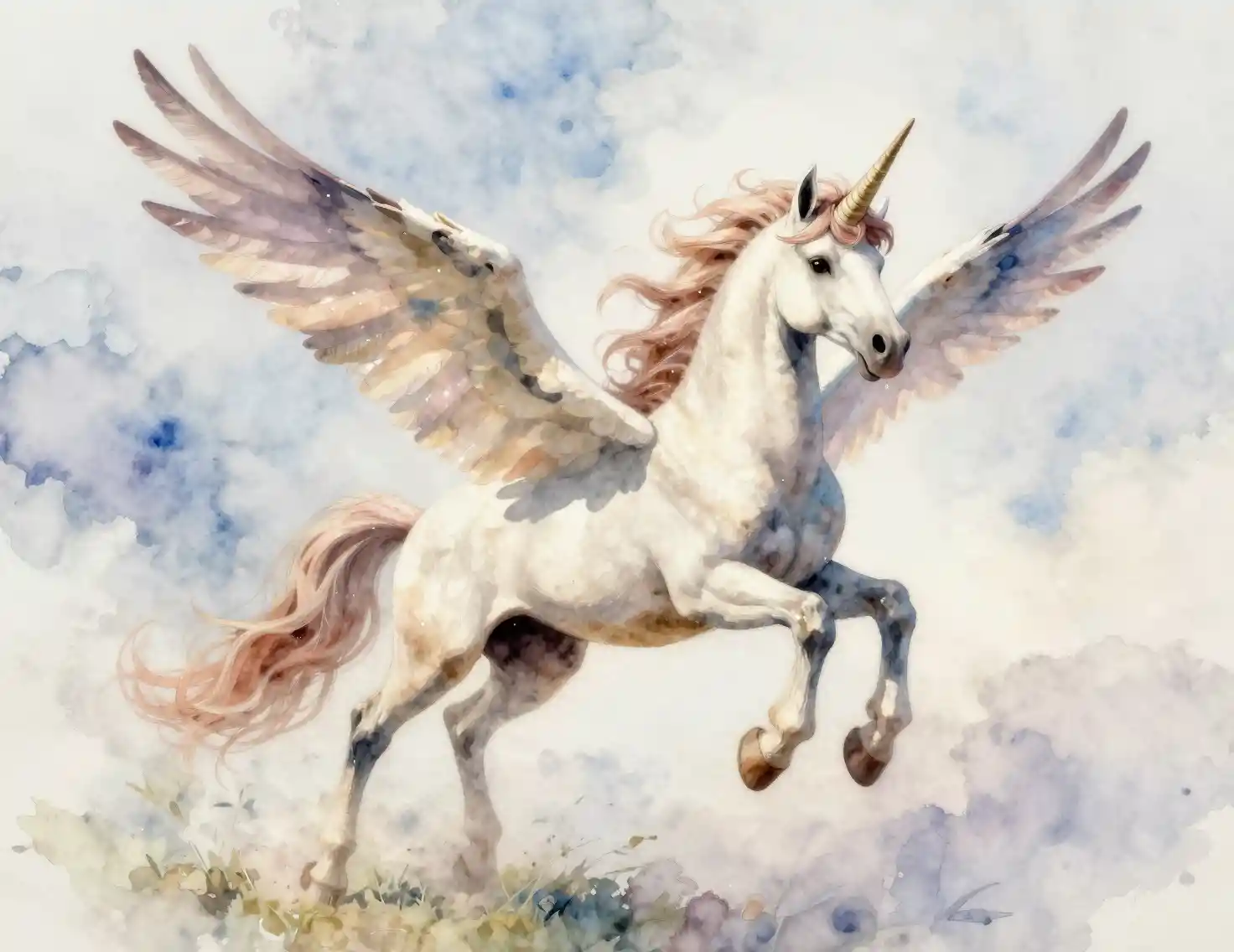 Majestic winged unicorn preparing to soar into the sky