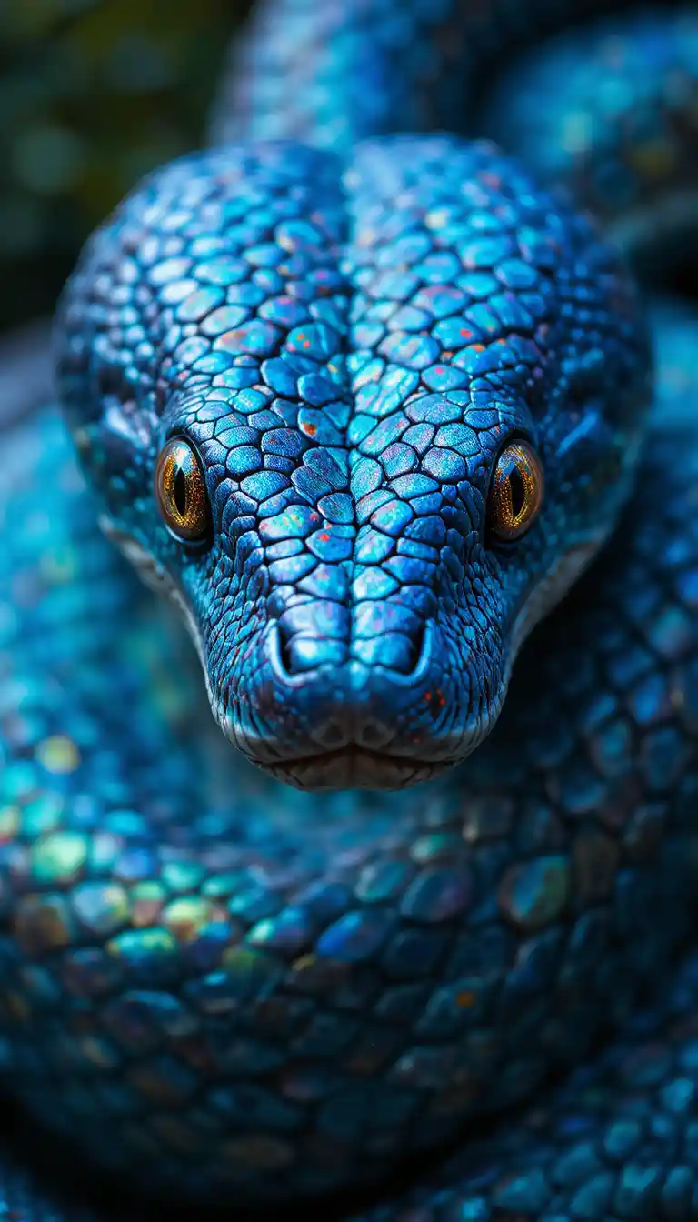 Nahaufnahme eines blauen Schlangenkopfs mit goldenen, starrenden Augen