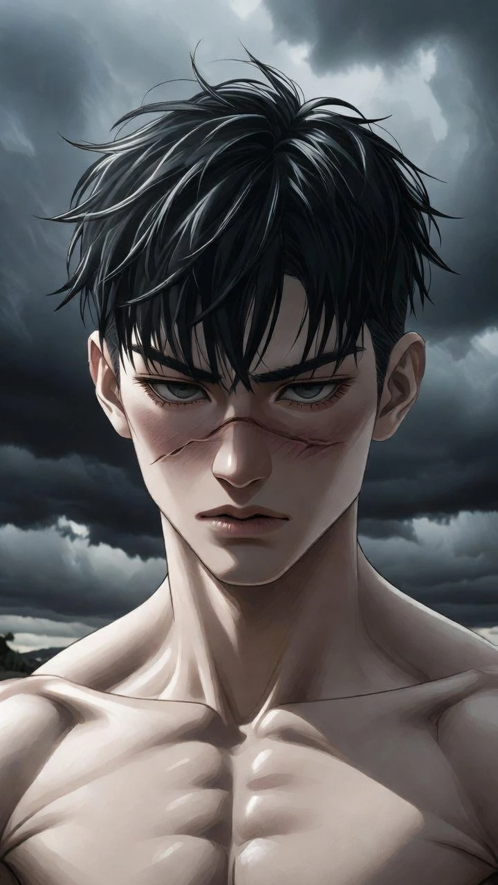 Muscular man standing under a dark stormy sky