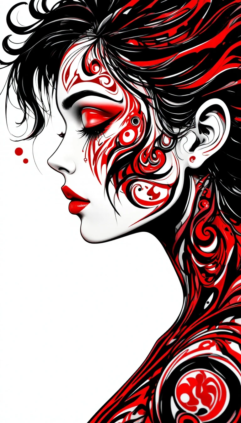 Tribal style red and black profile portrait of a girl