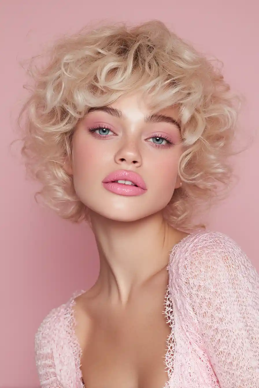 Glamorous woman with soft pink makeup and curls